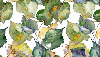 Poster - watercolor illustration of green and yellow autumn leaves with delicate outlines on a white background, botanical design