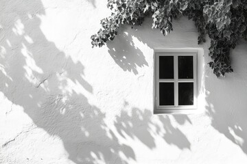 Poster - A whitewashed wall with a small window, partially covered by climbing ivy, casts shadows from the sunlight.