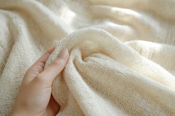 Leinwandbilder - A hand gently holds and displays the soft, textured, off-white fabric.