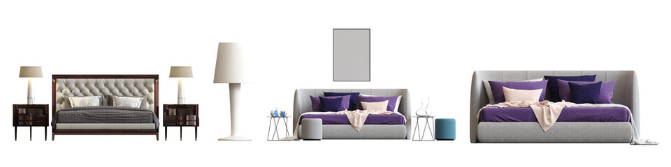 Wall Mural - double bed isolated on white background, furniture for the bedroom interior, 3D illustration, cg render
