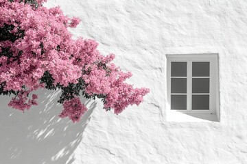 Poster - Pink bougainvillea blooms cascade over a whitewashed wall, framing a simple window.