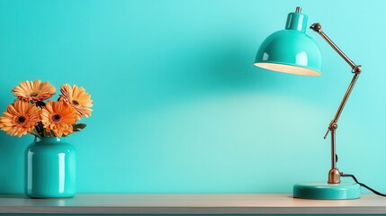 Wall Mural - A lively blue lamp alongside a bright bouquet of gerbera flowers brings a burst of color and joy to the indoor setting, enhancing the room's ambiance and energy.