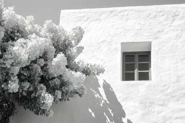 Poster - A black and white photo of a flowering bush casting a shadow on a whitewashed building with a single window.