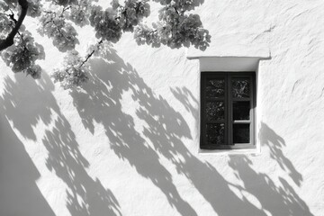 Poster - Black and white photo of a window on a white wall with tree shadows.
