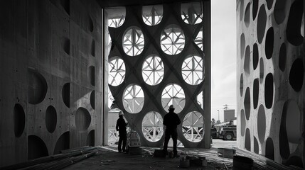 Wall Mural - Two construction workers observe a modern concrete structure with circular cutouts.