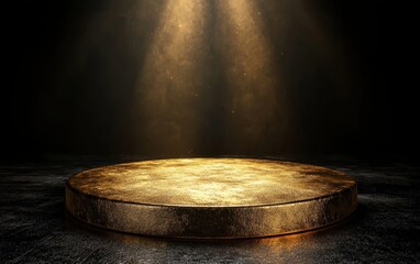Poster - A circular golden platform illuminated by soft rays, creating an elegant and dramatic ambiance perfect for presentations or displays.