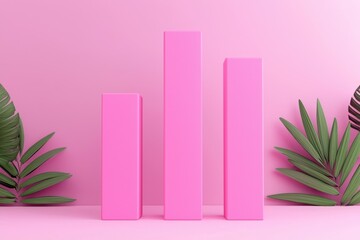 Poster - Bright pink geometric shapes with tropical foliage on a pastel background, perfect for modern design and creative projects.