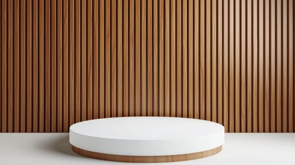 Poster - Modern display platform with a sleek white surface against a stylish wooden slat wall, perfect for presentations and product showcases.