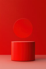 Poster - A striking red composition featuring geometric shapes: a circle and a cylinder against a bold red backdrop. Perfect for minimalistic designs.