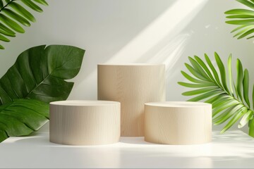 Poster - Minimalistic display with wooden pedestals surrounded by lush green leaves, perfect for showcasing products or artwork in nature-inspired themes.