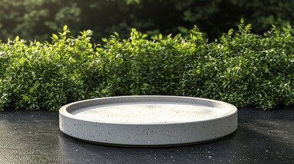 Poster - Circular stone display, nature backdrop, product showcase, serene garden
