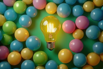 Poster - a glowing light bulb surrounded by colorful balls, representing creativity, inspiration, and playful