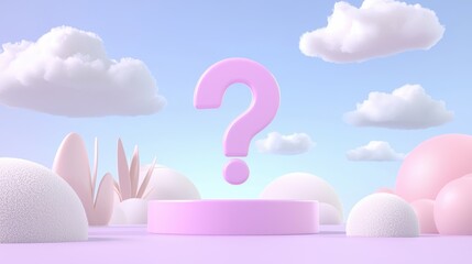 Poster - a whimsical scene featuring a pink question mark surrounded by soft pastel shapes and fluffy clouds,
