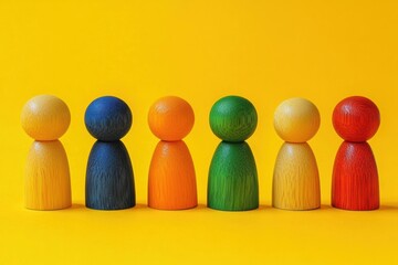 Poster - Colorful wooden figurines arranged in a on a bright yellow background, symbolizing diversity and collaboration.