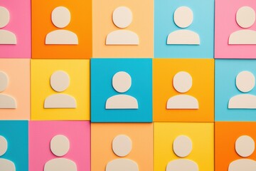 Poster - Colorful background with abstract human silhouettes symbolizes diversity, engagement, and communication in a modern design.