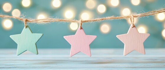 Poster - delicate pastel stars hang on twine against a blurred background of soft lights, perfect for festive