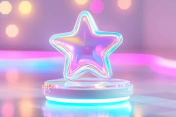 Sticker - A vibrant, glossy star shape illuminated with neon colors, showcasing modern design and artistic flair in a dreamy setting.