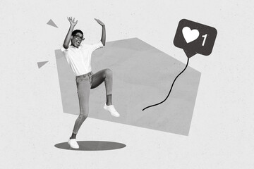 Poster - Collage photo of young excited social media popular person blogging star woman raise hands up surprise air balloon like isolated on blue background