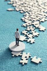 Poster - A person standing on a puzzle piece, contemplating the scattered pieces around them, symbolizing problem-solving and decision-making.