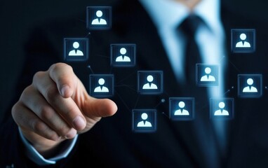 Poster - a business professional interacting with digital user network connections, symbolizing technology an