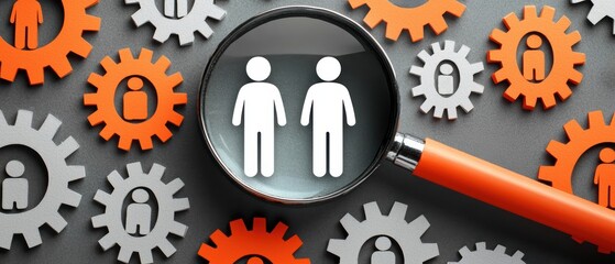 Poster - A magnifying glass focuses on human silhouettes among colorful gears, symbolizing teamwork, collaboration, and analysis in business settings.