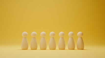 Poster - a minimalist arrangement of wooden figurines on a vibrant yellow background, symbolizing and teamwor