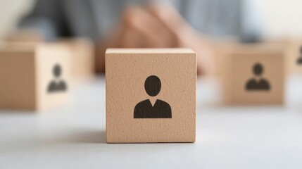 Poster - Wooden blocks with human icon symbolize teamwork, networking, or human resources in a professional setting.