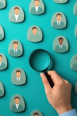 Poster - A hand holding a magnifying glass over a selection of diverse human icons, symbolizing recruitment and candidate evaluation.