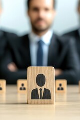 Poster - Wooden block with a person icon stands out in a recruitment scene, symbolizing leadership and selection in business.