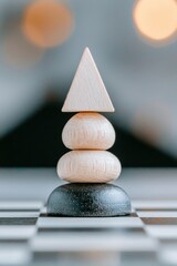 Poster - A stack of wooden shapes in a minimalist style, highlighting balance and design aesthetics on a chessboard background.