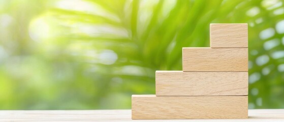 Poster - Wooden blocks arranged in ascending order, symbolizing growth and progress against a blurred green background.