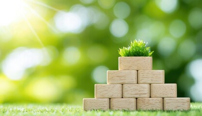 Poster - a pyramid of wooden blocks with fresh green grass on top, symbolizing growth and sustainability in n