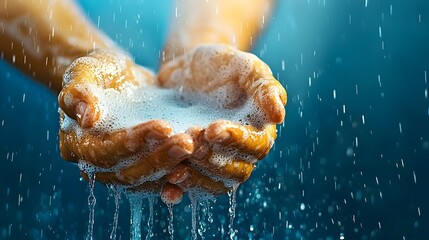 Close up of soapy human hands rubbing together under a steady stream of flowing water symbolizing cleansing hygiene and personal care