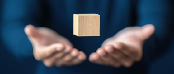 Poster - a person holds out hands with a floating wooden cube, symbolizing creativity, innovation, and new id