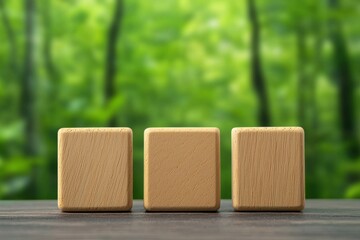 Poster - Three wooden blocks on a table with a soft green background, ideal for showcasing creativity and design concepts.
