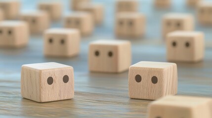 Poster - Wooden cubes with simple expressions create an abstract representation of emotions and individuality in a minimalistic setting.