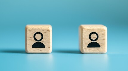 Poster - Two wooden blocks displaying simple human icons on a blue background, ideal for concepts of teamwork, identity, and community.