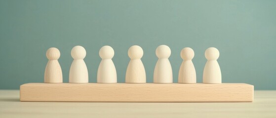 Poster - a series of wooden figures arranged in a line, showcasing simplicity and minimalism against a pastel