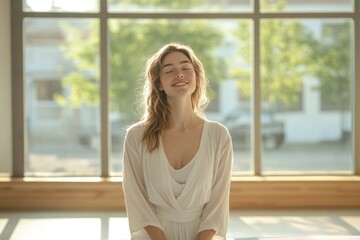 Poster - A serene woman, eyes closed, breathes deeply near a sunlit window, radiating peace and tranquility.