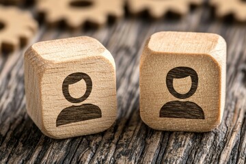 Poster - Wooden blocks with user icons on a rustic background, symbolizing teamwork, collaboration, or community in a professional setting.
