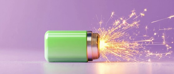 Poster - A vibrant green container emits sparks against a pastel purple background, symbolizing creativity and innovation.