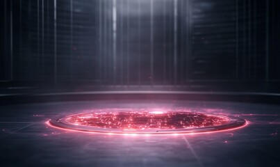 Leinwandbilder - A glowing circular portal emits a vibrant red light in a dark, futuristic environment, creating an otherworldly atmosphere.