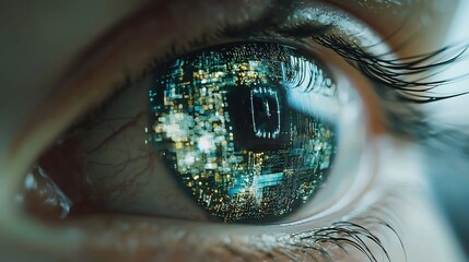 Poster - Close-up eye reflection; circuit board; future tech; abstract background; digital art