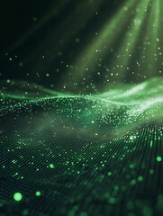 Poster - A mesmerizing green landscape with shimmering particles and light rays, creating a dynamic, ethereal atmosphere.
