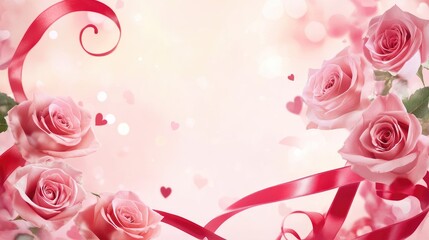 Poster - A beautifully crafted Valentine's Day design featuring pink roses and a swirling red satin ribbon for an elegant touch