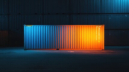 Poster - A blue and orange freight container illuminated by artificial lights in a dark industrial yard, highlighting its vibrant colors against the shadows