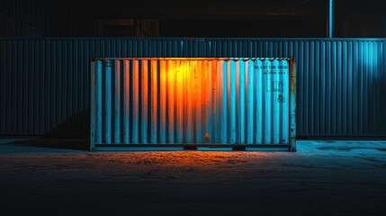 Poster - A blue and orange freight container illuminated by artificial lights in a dark industrial yard, highlighting its vibrant colors against the shadows