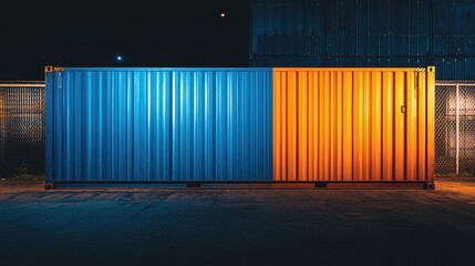 Poster - A blue and orange freight container illuminated by artificial lights in a dark industrial yard, highlighting its vibrant colors against the shadows