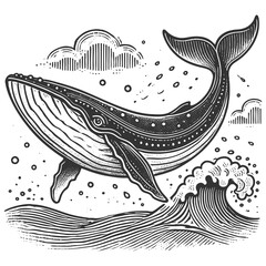 Wall Mural - humpback whale jumping from waves engraving raster