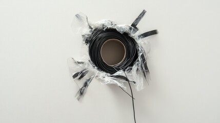 Poster - A bundle of neatly insulated wires with black electrical tape, passing through a hole in the wall, highlighting the importance of safety and organization